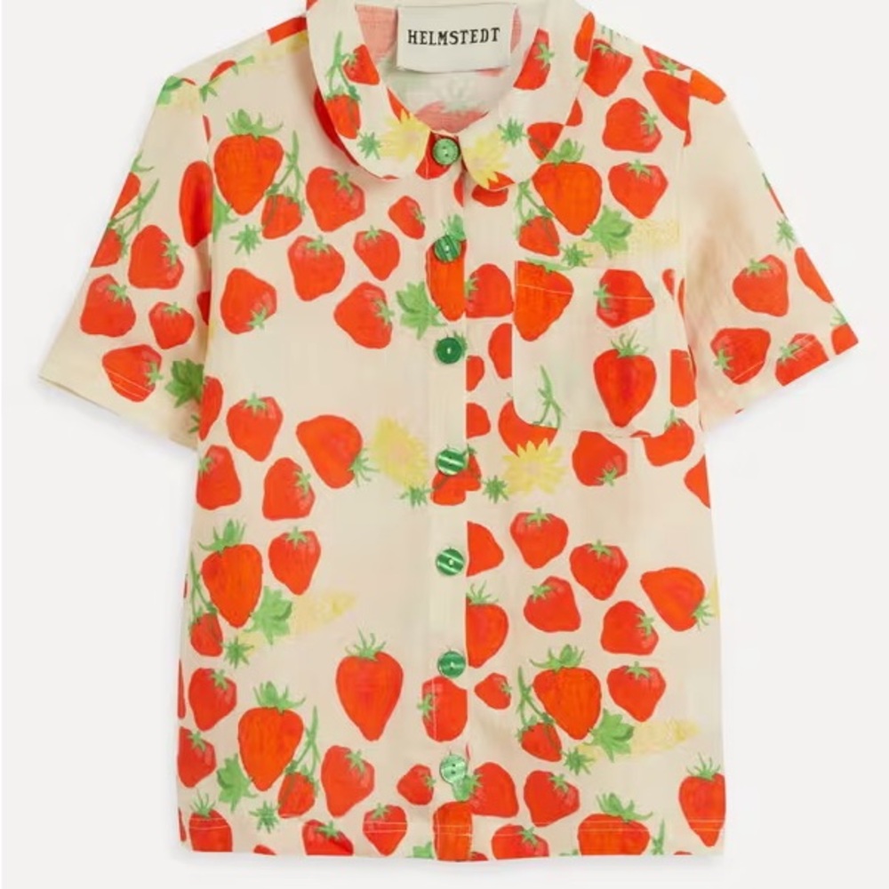 Women's Strawberry Print Button Down Shirt - Cream and Red